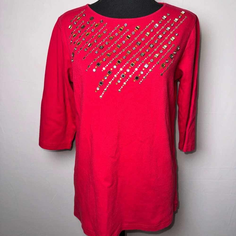Quacker Factory Red Embellished 3/4 Sleeve‎ Knit Top Rhinestone Studded Small